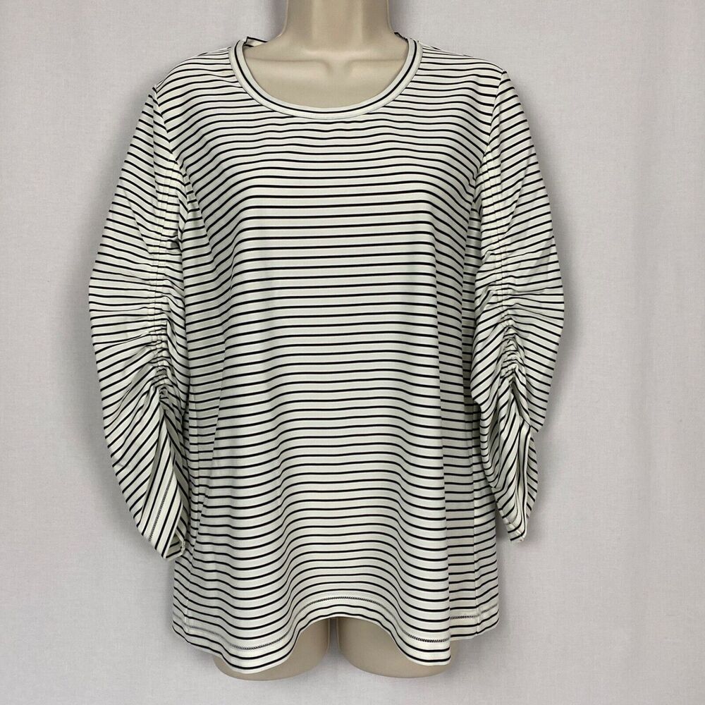 Donna Karan New York Top Womens Medium Striped Balloon Sleeve Black‎ White NEW